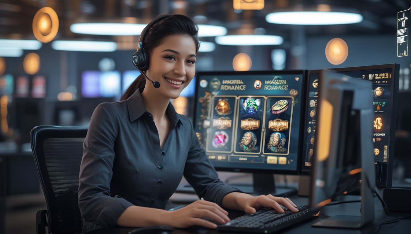 Seorang agen kasino online yang percaya diri duduk di meja modern dengan beberapa layar komputer menampilkan permainan slot, mengenakan pakaian kasual rapi dan menggunakan headset di kantor yang terang dan rapi.