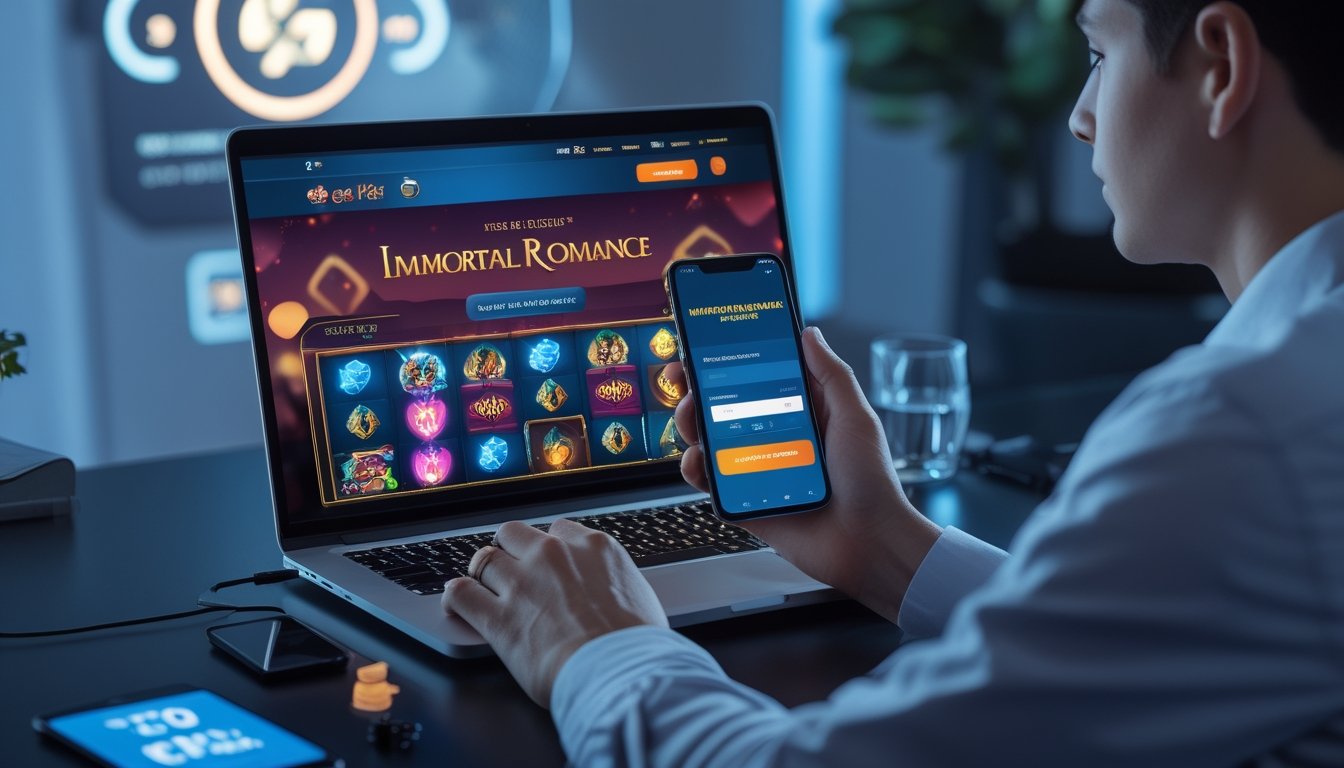 Seseorang sedang duduk di depan laptop dan ponsel, mendaftar akun di situs permainan slot dengan tema Immortal Romance.