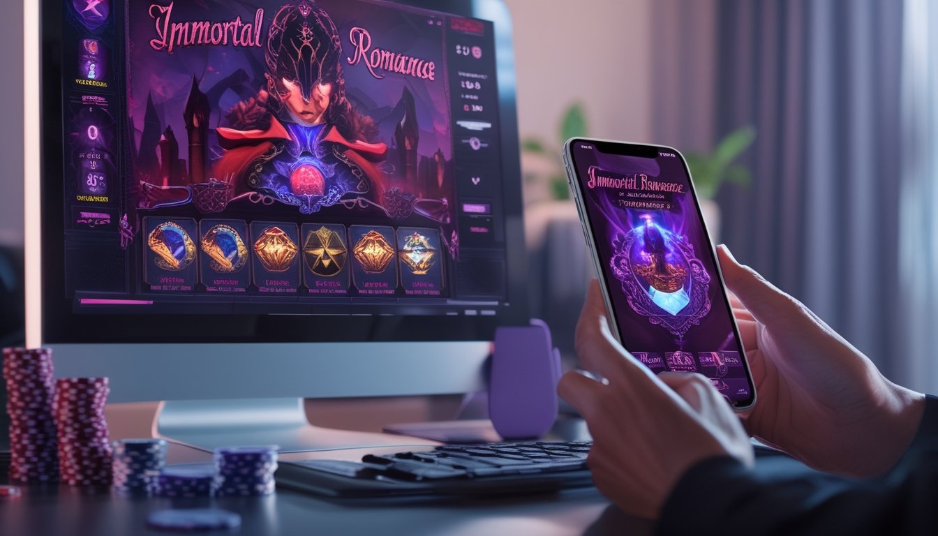 Seseorang menggunakan smartphone dan komputer untuk bermain permainan slot online dengan tema Immortal Romance di meja kerja.