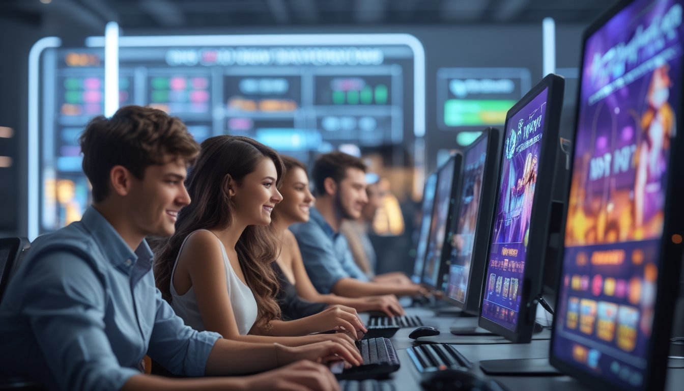 Sekelompok orang muda bermain permainan slot di komputer dalam ruangan kantor modern dengan layar besar menampilkan grafis permainan kasino.