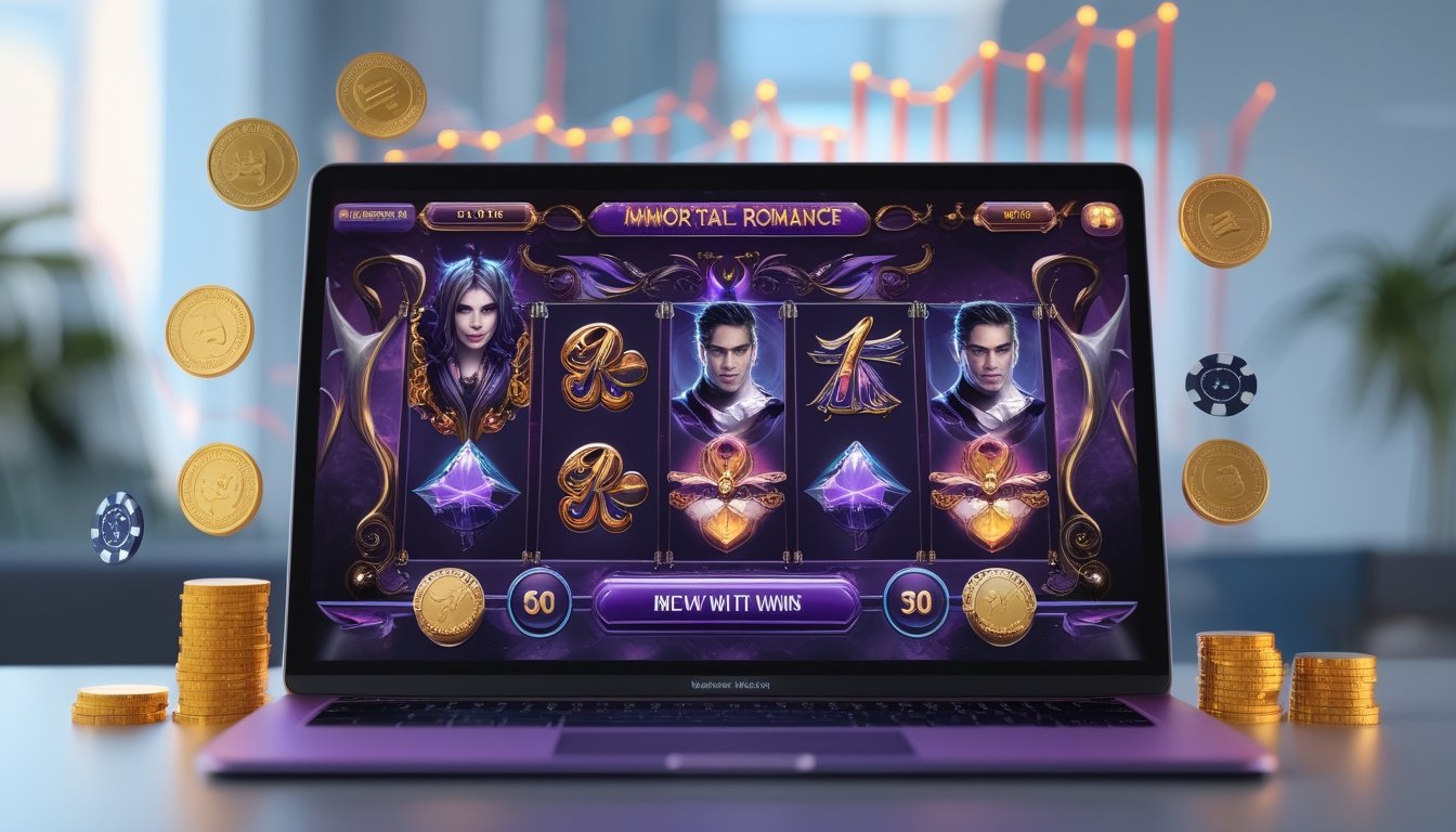 Layar komputer menampilkan permainan slot Immortal Romance dengan tema vampir dan simbol misterius, dikelilingi oleh koin emas dan chip poker yang melambangkan kemenangan tinggi.