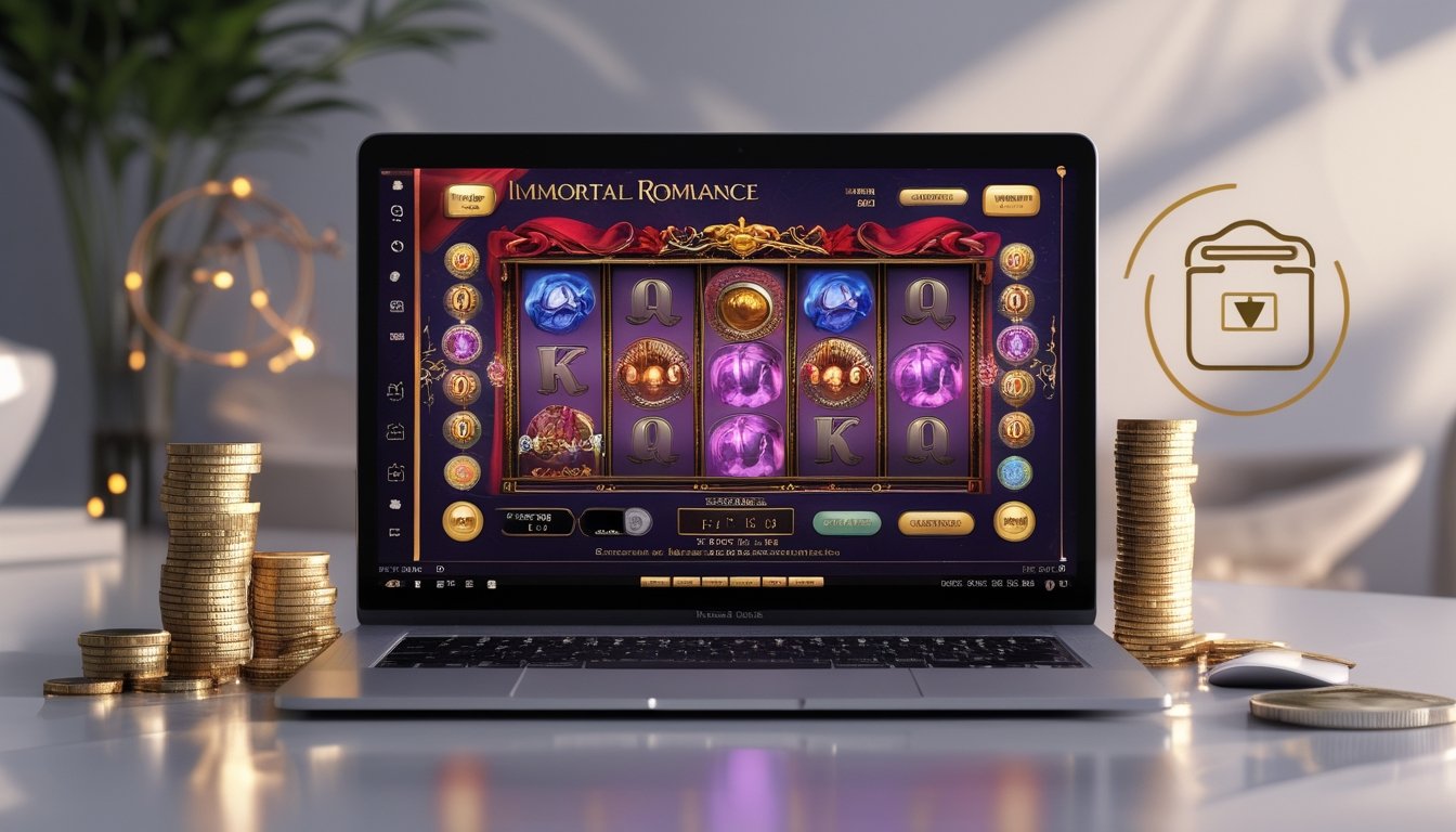 Suasana kasino online dengan layar komputer menampilkan permainan slot Immortal Romance, dikelilingi oleh koin dan ikon dompet digital yang menunjukkan deposit rendah tanpa potongan.