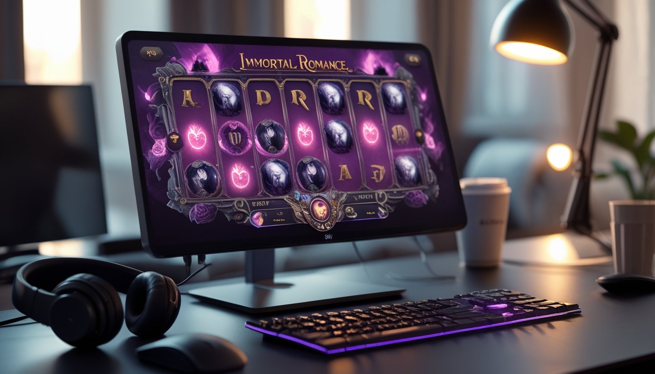 Sebuah meja dengan komputer menampilkan permainan slot online bertema romantisme abadi, dikelilingi aksesori permainan di lingkungan yang nyaman.
