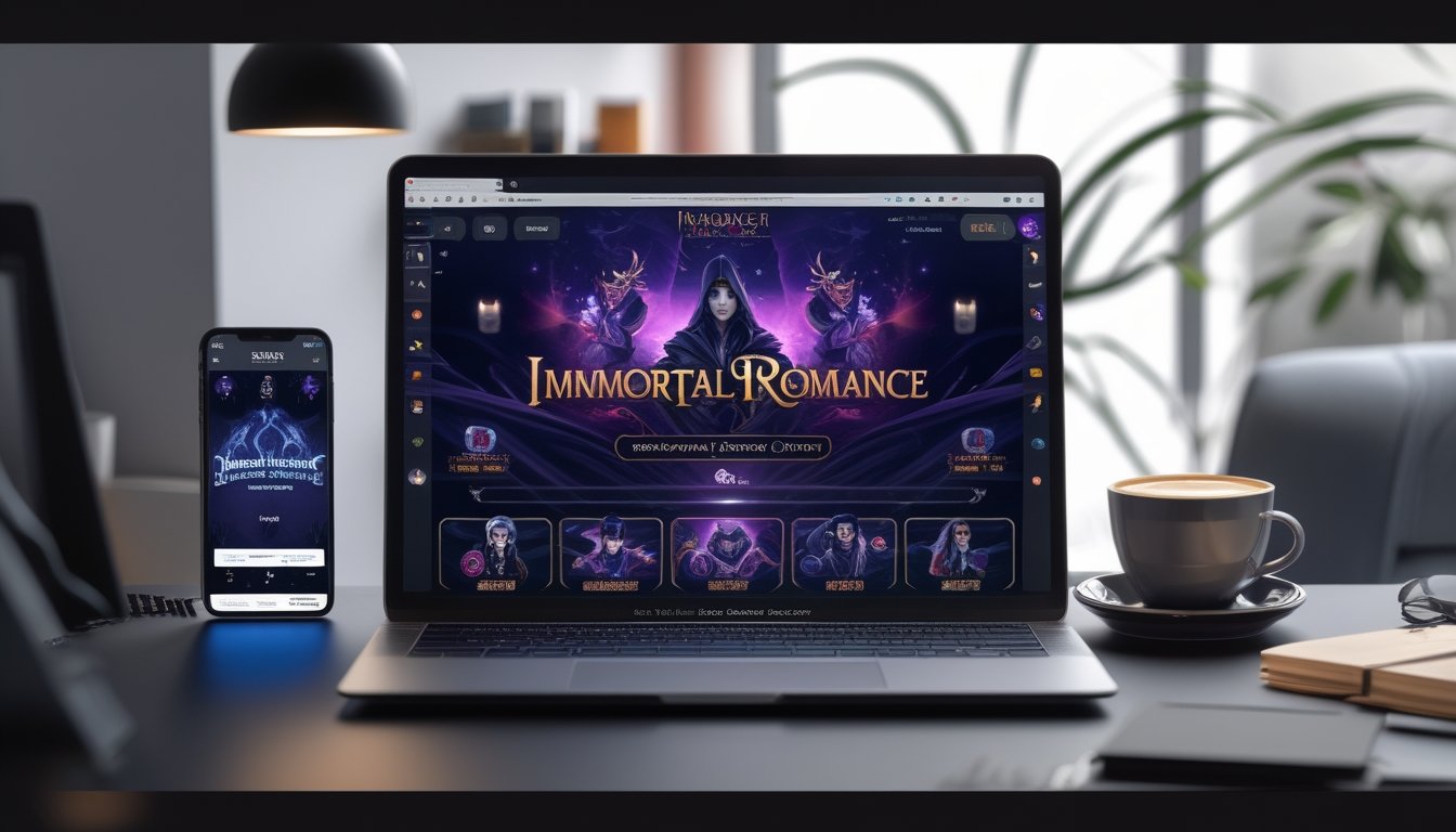 Seorang pengguna sedang bermain permainan slot Immortal Romance di laptop di ruang kerja yang nyaman dan terang.