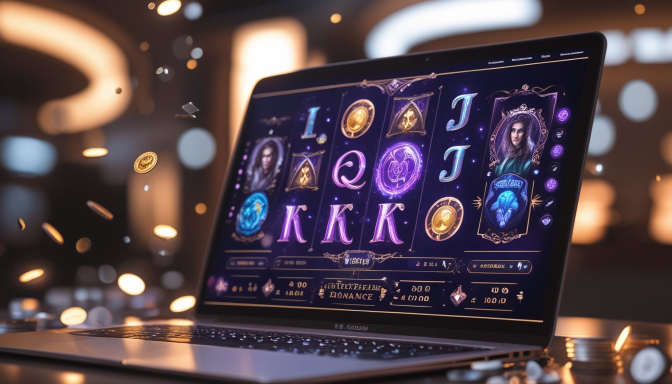 Sebuah layar komputer menampilkan permainan slot bertema romantis dan misterius dengan koin digital yang mengambang di sekitarnya.