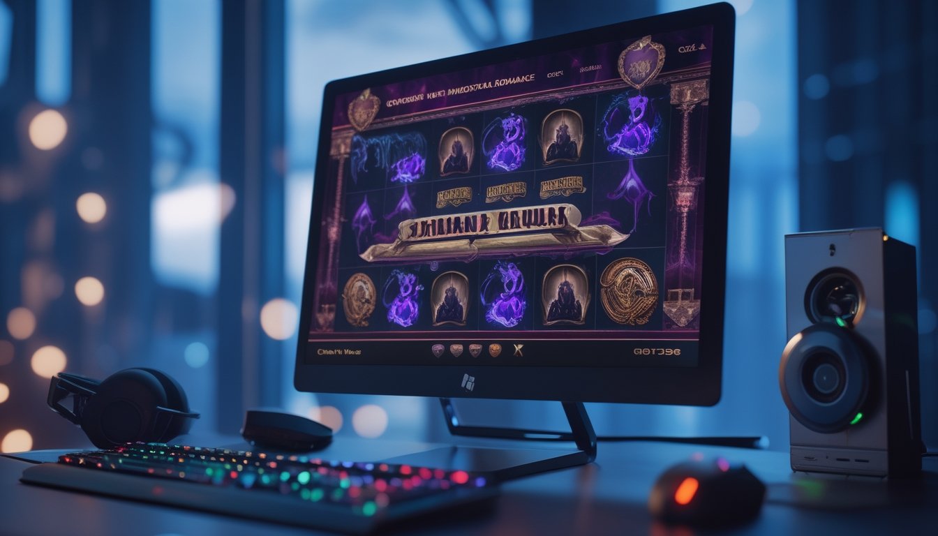 Sebuah setup permainan slot online dengan layar komputer menampilkan grafik game bertema gothic dan vampir, di lingkungan rumah atau kantor yang modern.