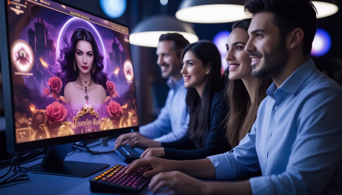 Beberapa orang dewasa sedang bermain permainan slot bertema romantis dengan latar belakang teknologi dan suasana dalam ruangan yang modern.