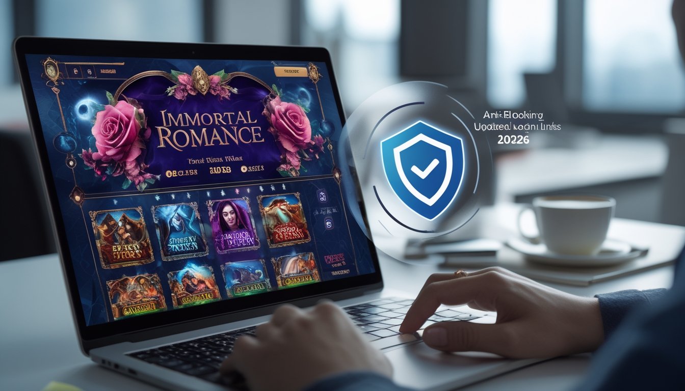 Seorang pengguna sedang mengakses permainan slot online di komputer dengan latar ruang kerja modern.