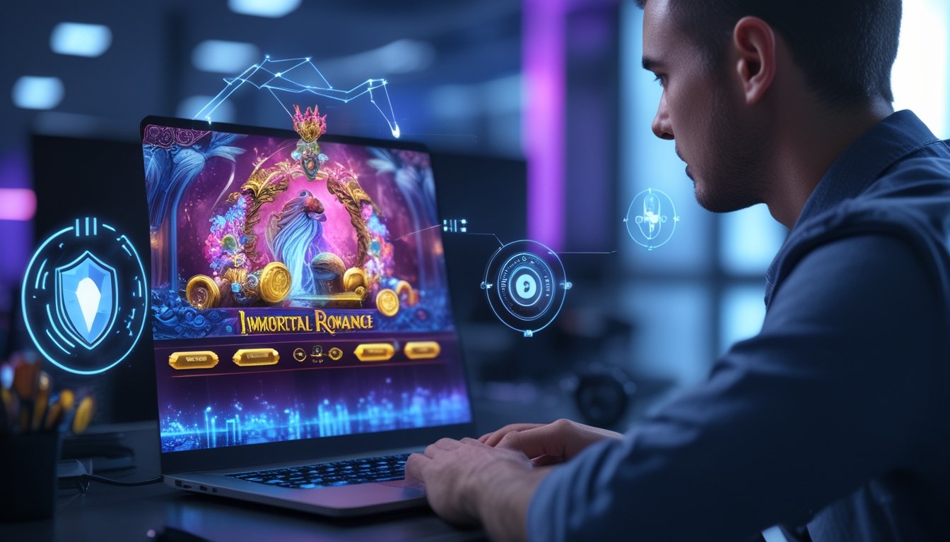 Seorang pria muda menggunakan laptop dengan tampilan permainan slot bertema fantasi di layar, di latar belakang kantor teknologi dengan pencahayaan biru dan ungu.