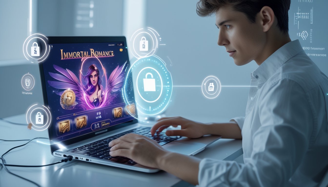 Seorang dewasa muda menggunakan laptop dengan layar menampilkan permainan slot bertema fantasi, dikelilingi ikon dompet elektronik yang menyimbolkan transaksi cepat dan aman.