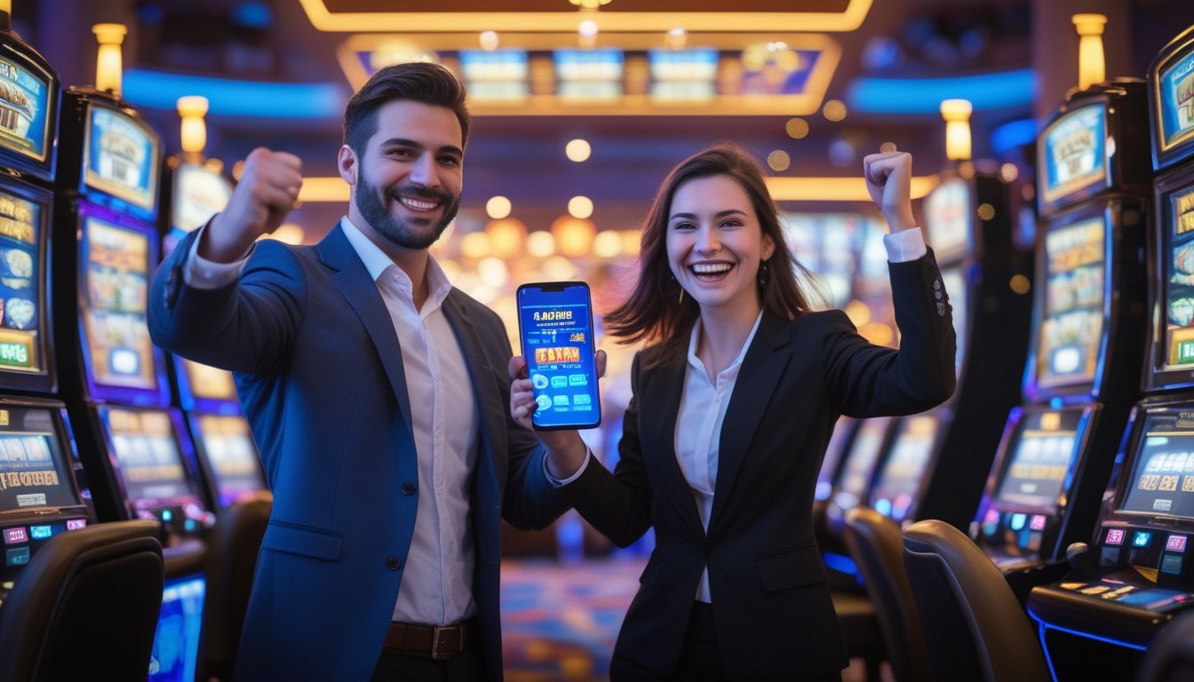 Seorang pria dan wanita merayakan kemenangan jackpot di kasino dengan mesin slot menyala di latar belakang.