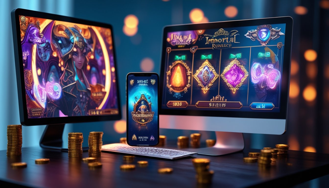 Seorang pemain menggunakan komputer dan ponsel dengan tampilan permainan slot Immortal Romance, dikelilingi oleh koin emas dan cahaya yang berkilauan.