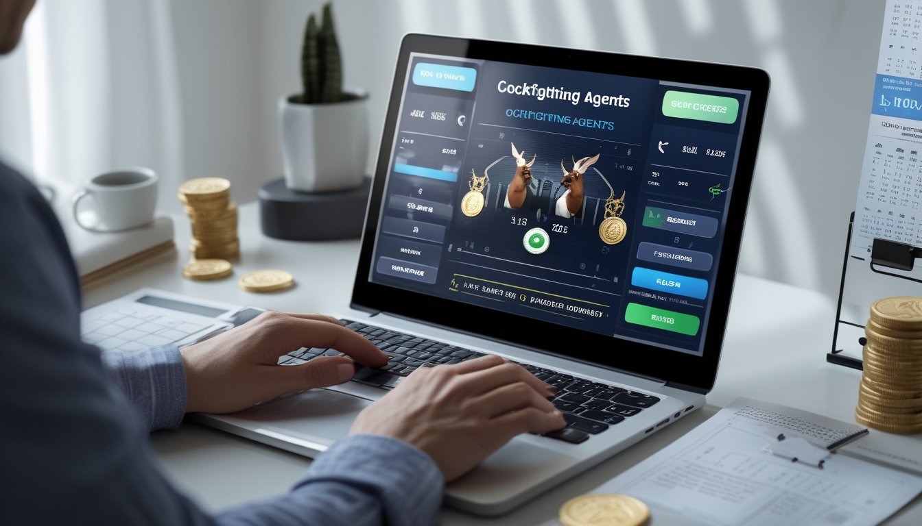 Orang menggunakan laptop di meja kerja dengan tampilan platform taruhan sabung ayam yang modern dan terpercaya.