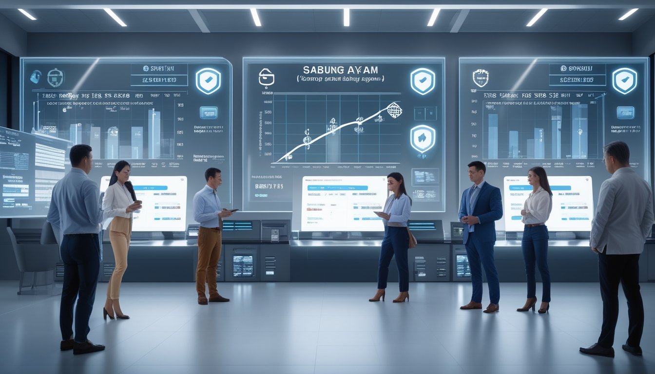 Seorang profesional sedang bekerja di kantor modern dengan layar digital yang menampilkan data taruhan sabung ayam, menunjukkan suasana kerja yang terpercaya dan teknologi maju.
