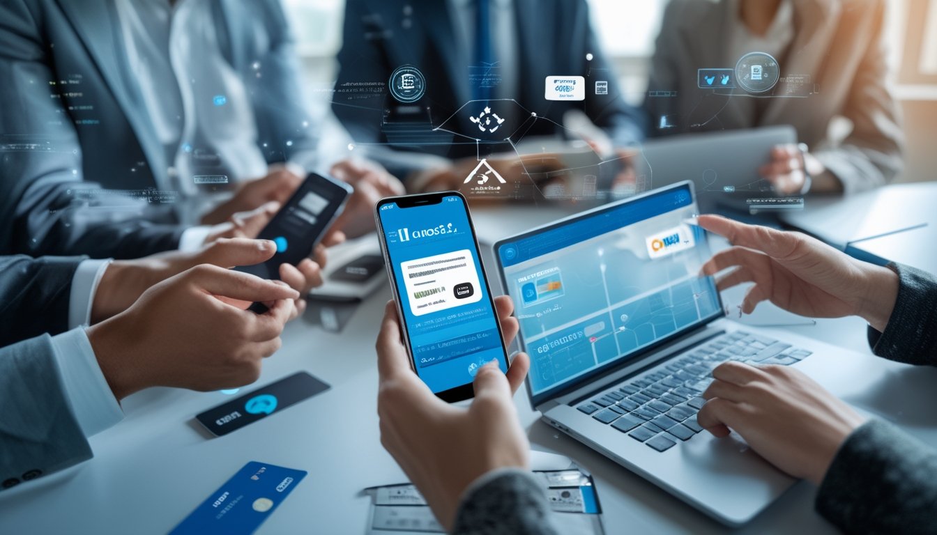 Orang-orang menggunakan perangkat digital untuk melakukan transaksi deposit melalui bank dan e-wallet di lingkungan kantor modern.