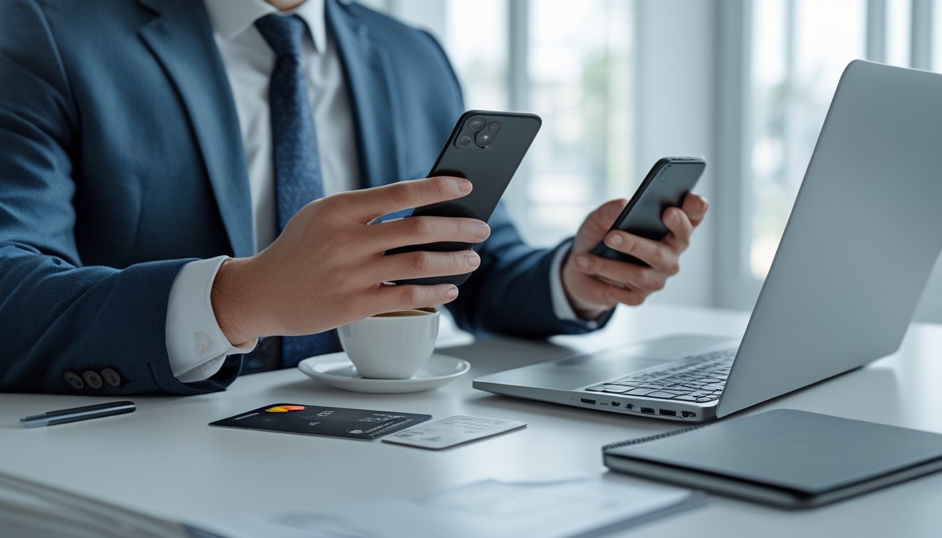 Seseorang menggunakan ponsel dan laptop di meja kerja modern untuk melakukan transaksi perbankan.