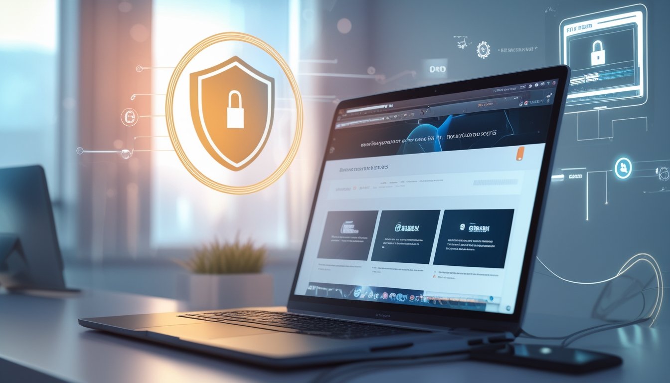 Sebuah ruang kerja digital modern dengan laptop yang menampilkan antarmuka situs web dan ikon keamanan di sekitarnya.