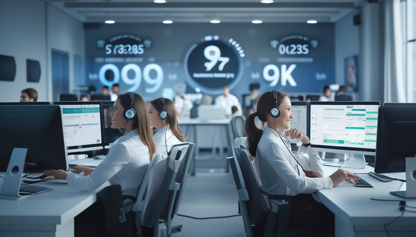 Pusat layanan pelanggan yang sibuk dengan staf ramah menggunakan headset di meja kerja dengan komputer, menunjukkan layanan 24 jam nonstop.