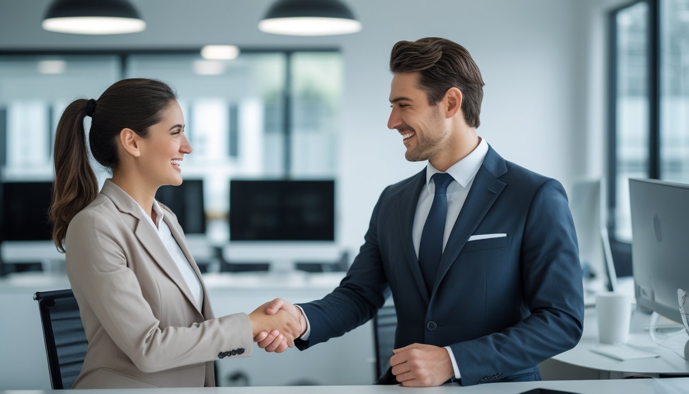 Seorang agen layanan pelanggan yang percaya diri berjabat tangan dengan klien yang puas di kantor modern.