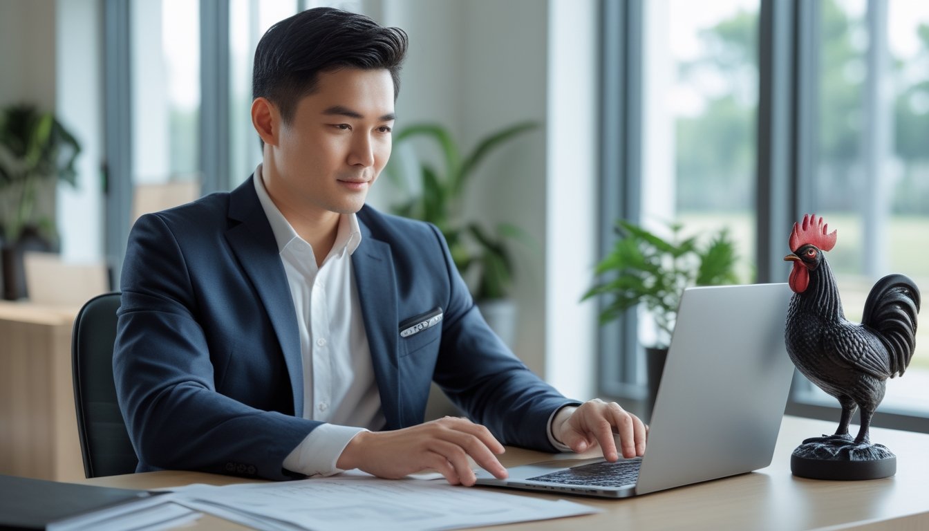 Seorang pria Asia Tenggara duduk di meja kantor modern dengan dokumen dan laptop, menunjukkan suasana kerja yang profesional dan dapat dipercaya.