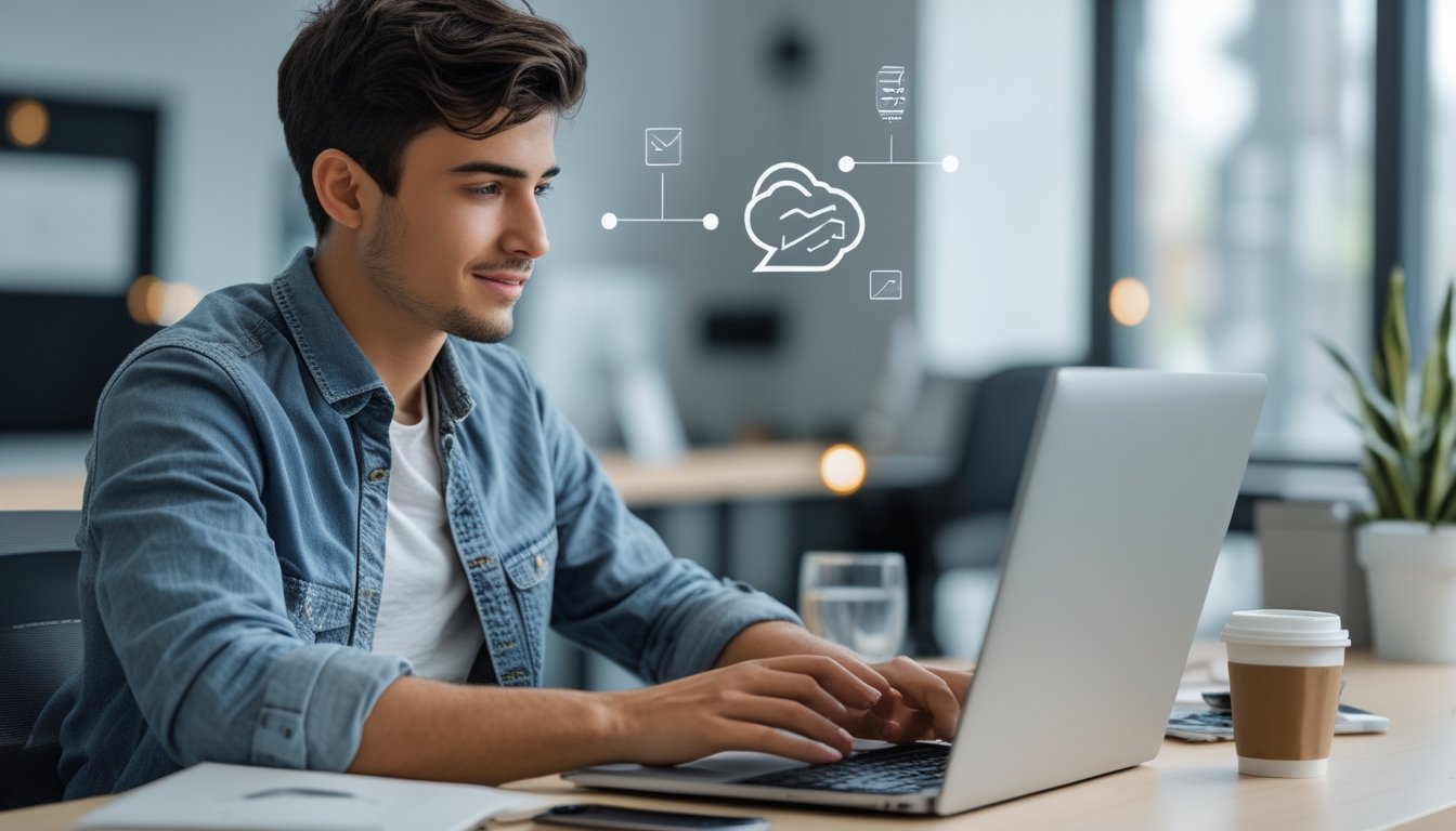 Seseorang sedang mendaftar akun baru menggunakan laptop di kantor modern dengan suasana yang rapi dan profesional.