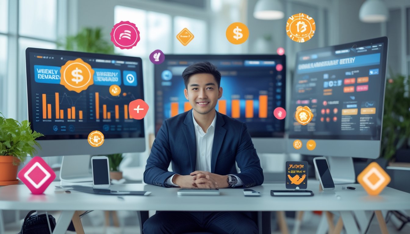 Seorang pria muda di kantor modern dengan beberapa layar komputer yang menampilkan grafik dan promosi terkait permainan online.