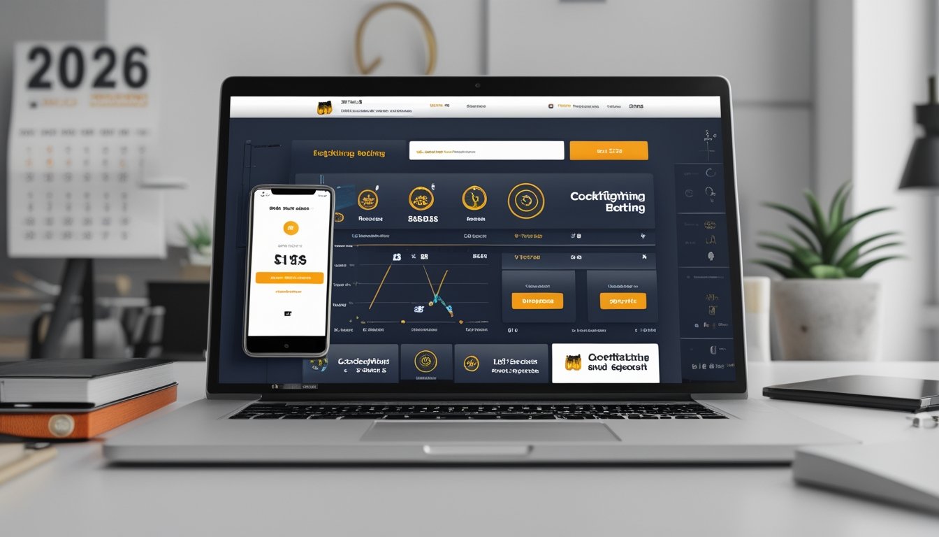 Suasana kerja modern dengan laptop dan ponsel yang menampilkan platform taruhan sabung ayam secara online.