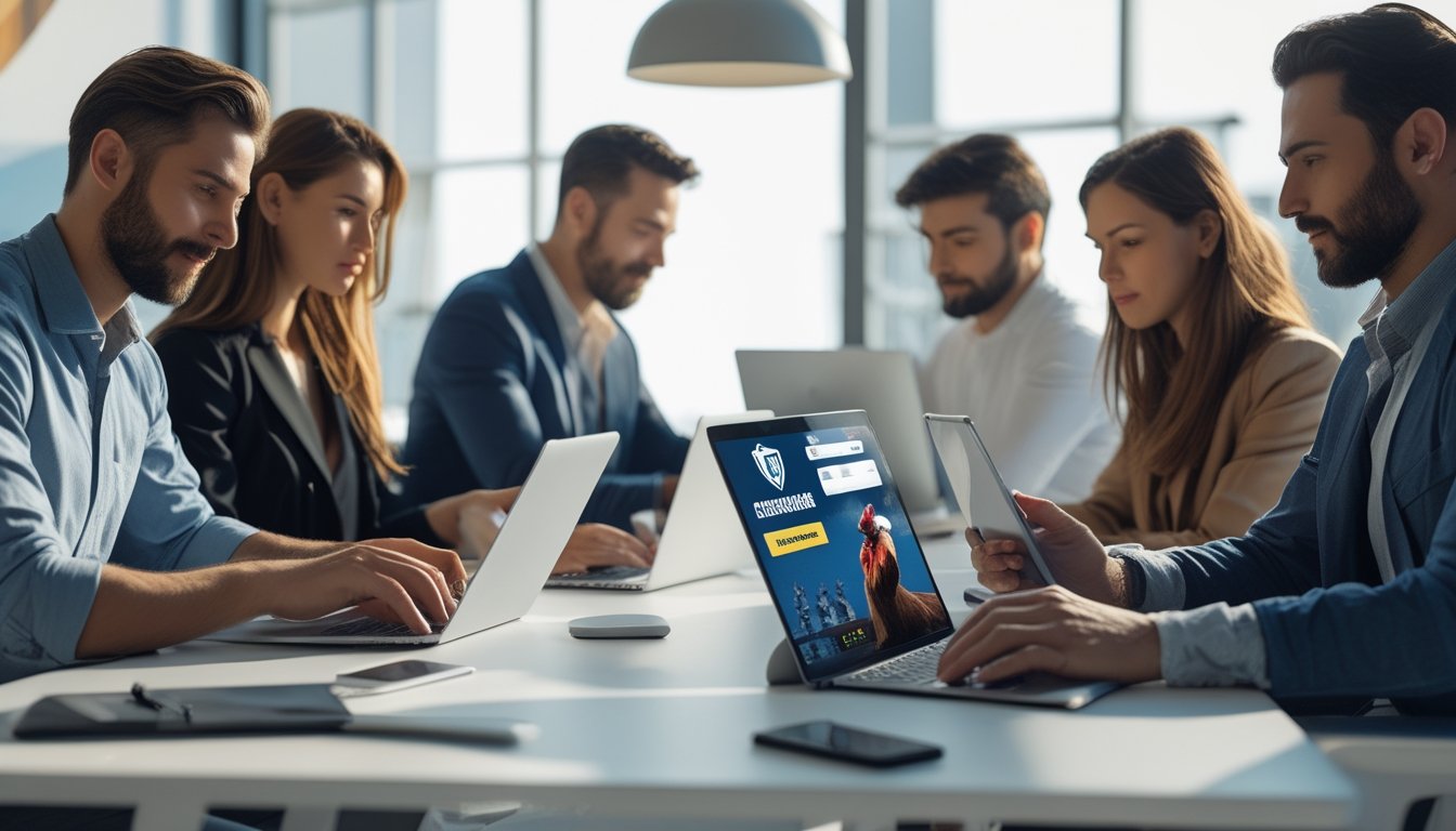 Beberapa orang menggunakan perangkat digital di ruang kerja modern yang terang, menunjukkan suasana taruhan online sabung ayam yang terpercaya dan profesional.