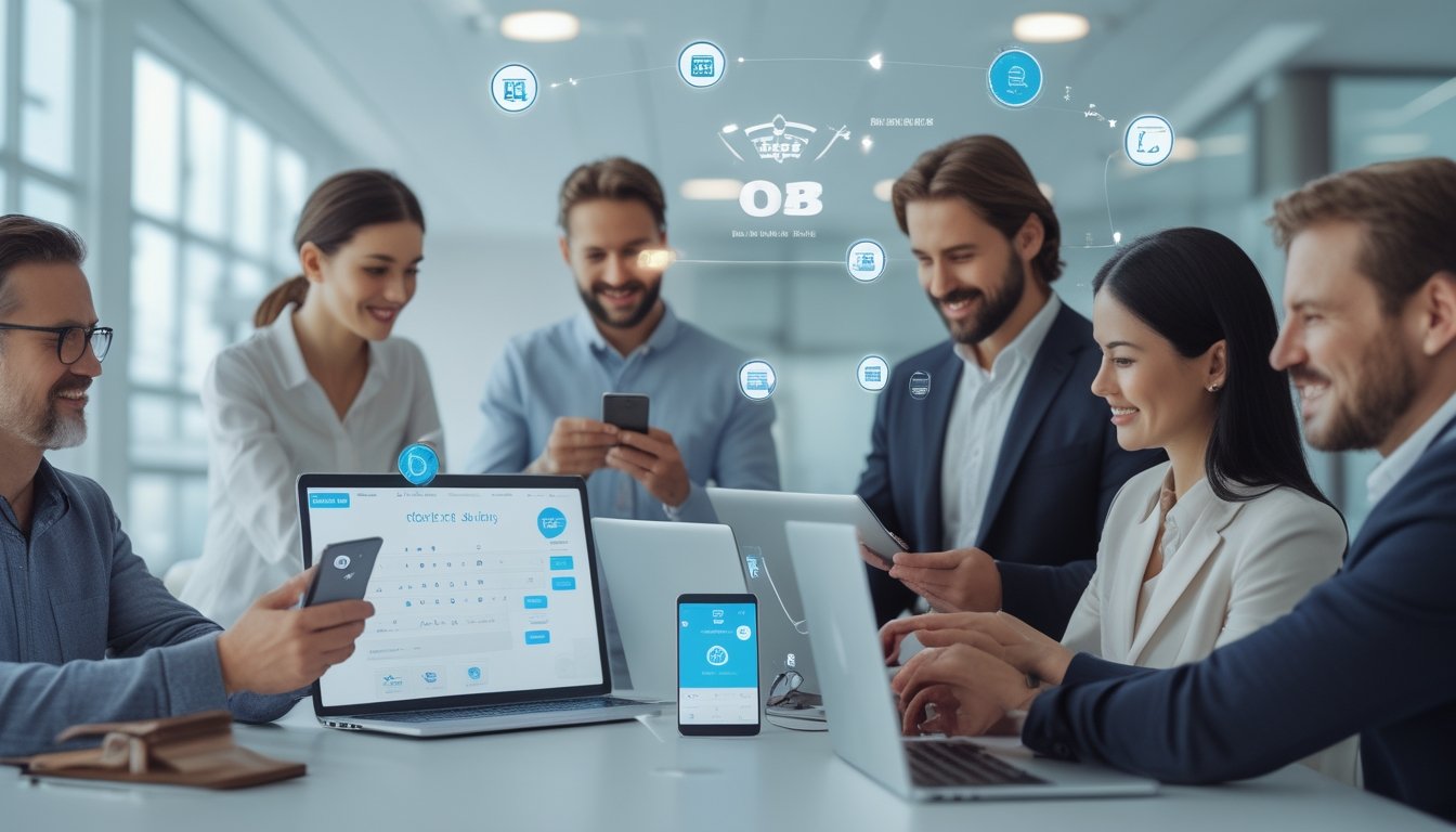 Orang-orang menggunakan ponsel dan laptop untuk melakukan transaksi perbankan dan e-wallet di kantor modern.