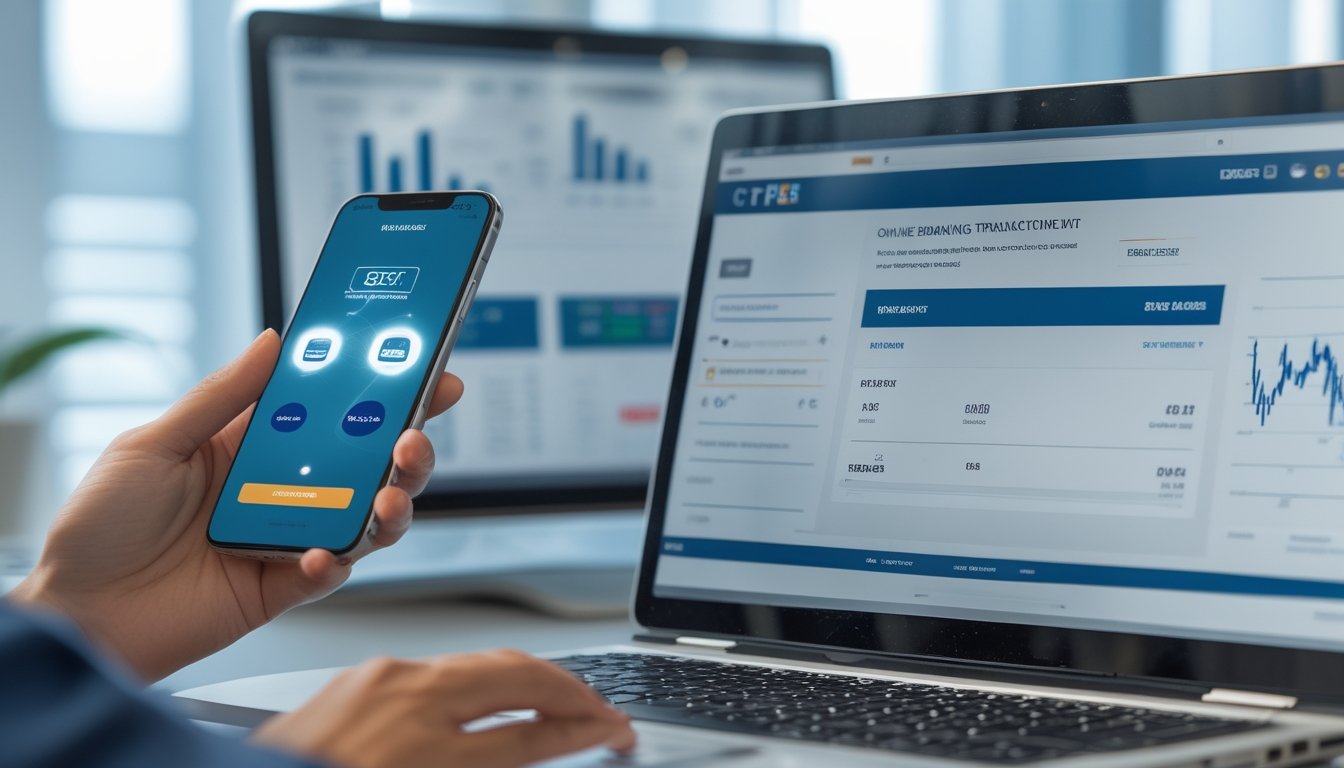 Tangan seseorang memegang ponsel dengan aplikasi dompet digital dan laptop yang menampilkan portal perbankan online di meja kerja.