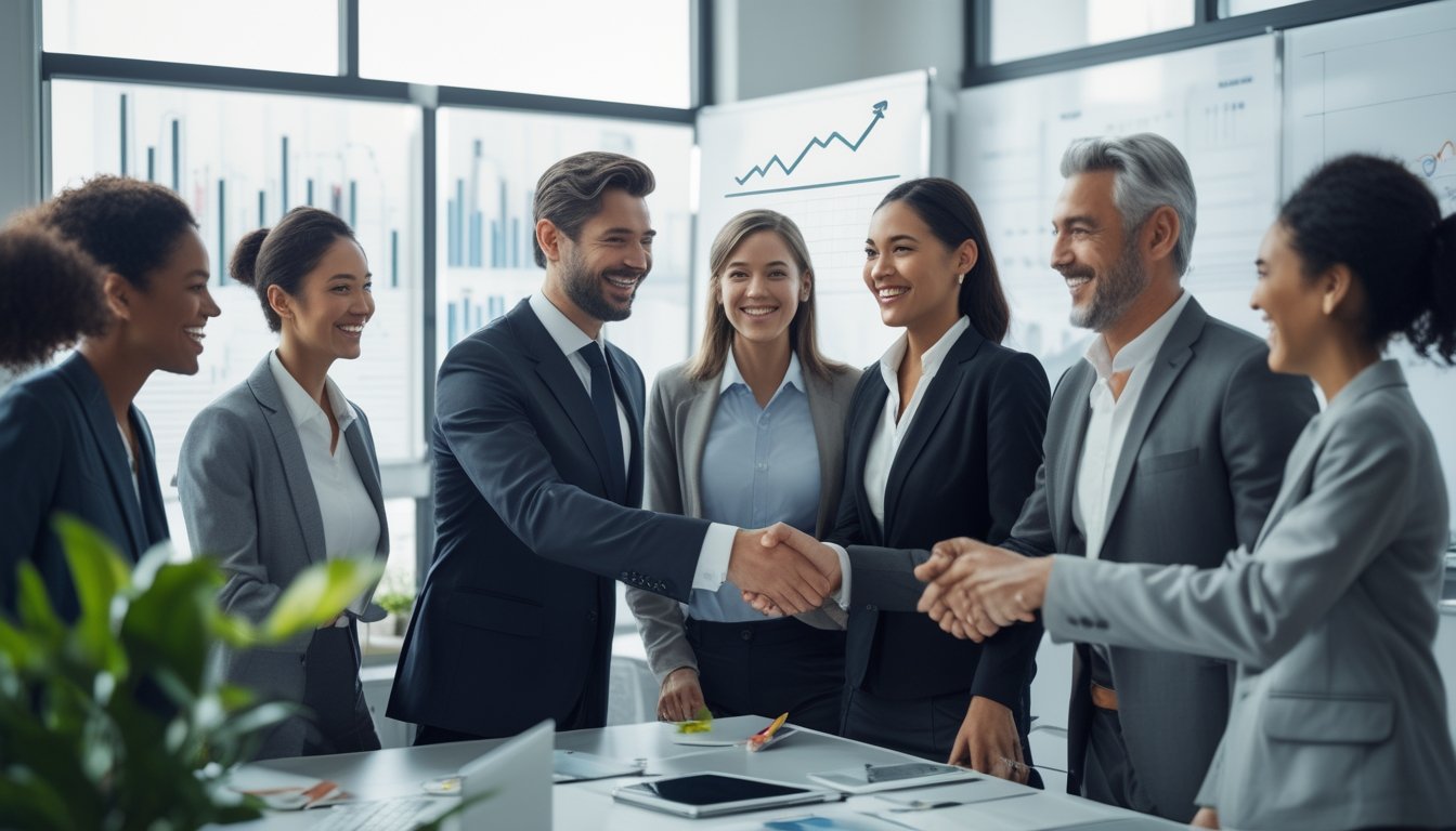 Sekelompok orang bisnis yang percaya diri sedang berjabat tangan dan tersenyum di kantor modern dengan layar komputer yang menunjukkan grafik naik.