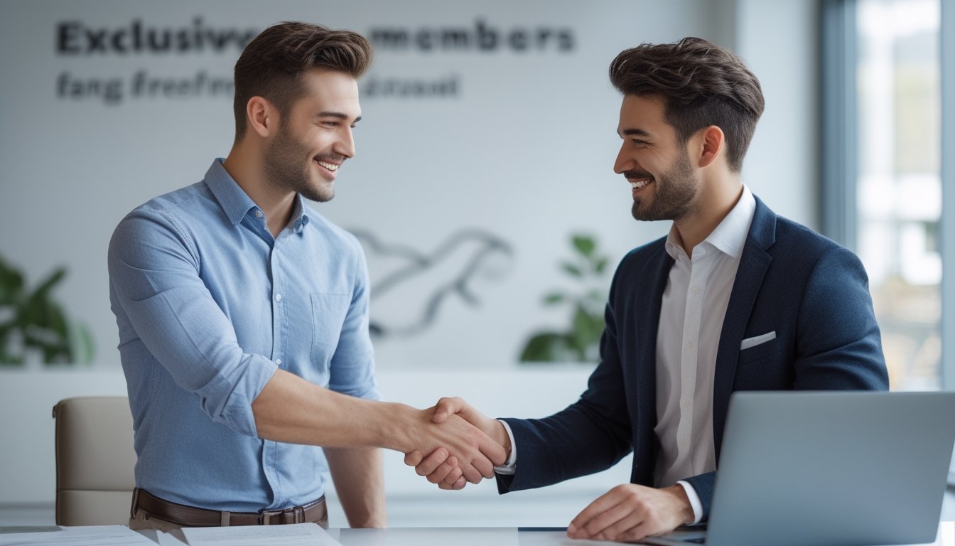 Seorang pria muda berjabat tangan dengan agen di kantor modern yang terang dan rapi, menunjukkan suasana kerja yang positif dan profesional.