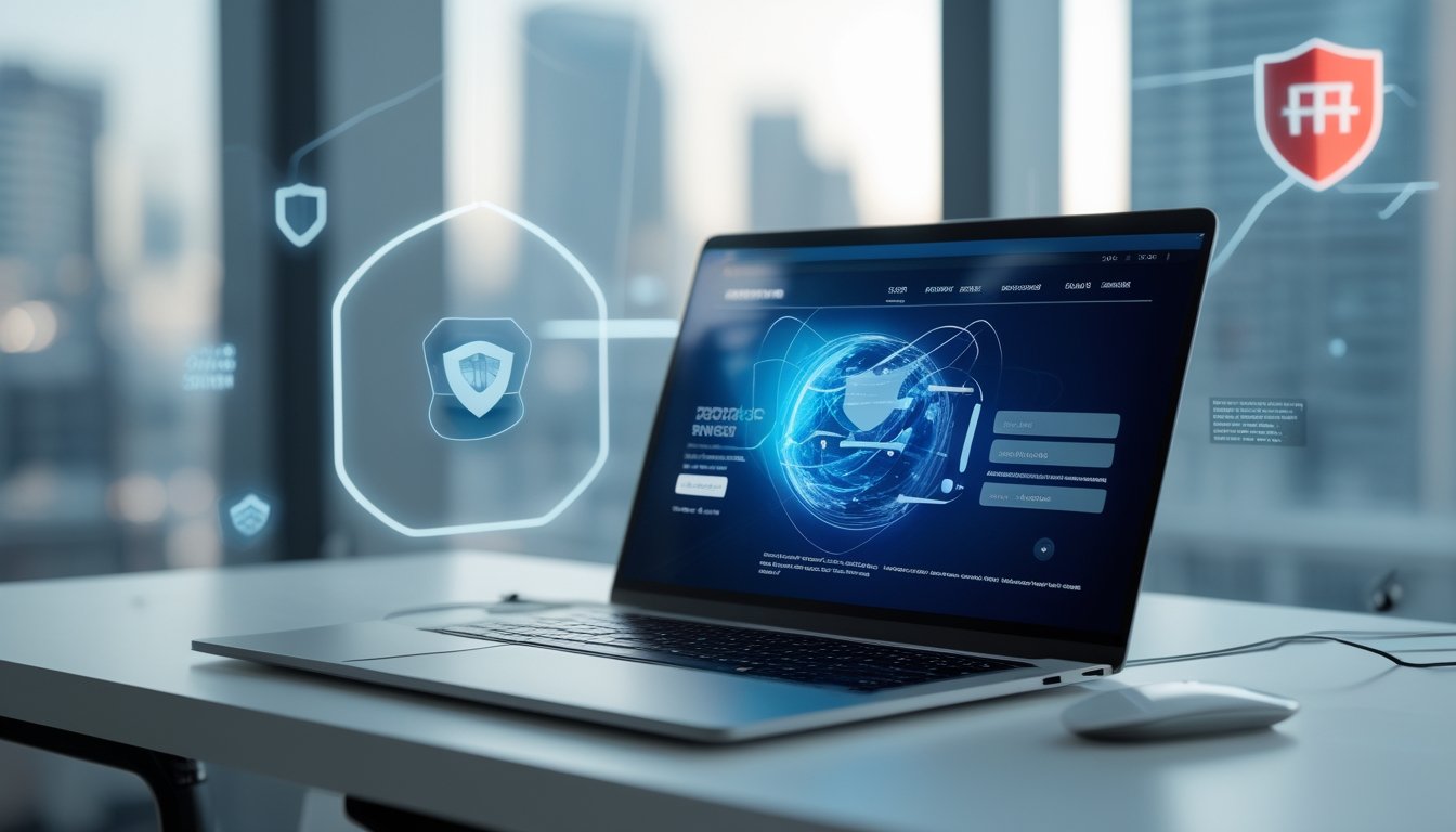 Laptop di meja dengan latar belakang kota, menampilkan konsep akses internet cepat dan aman.