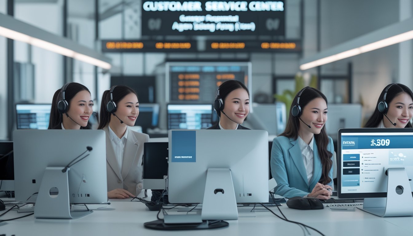 Pusat layanan pelanggan modern dengan staf yang ramah menggunakan headset di meja kerja dengan komputer, menunjukkan layanan nonstop 24 jam.