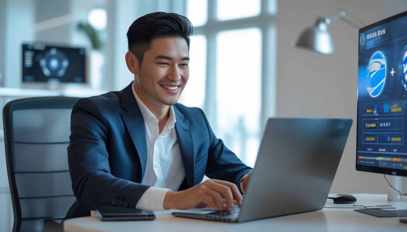 Seorang pria Asia Tenggara duduk di meja kantor modern menggunakan laptop dan ponsel dengan ekspresi puas.