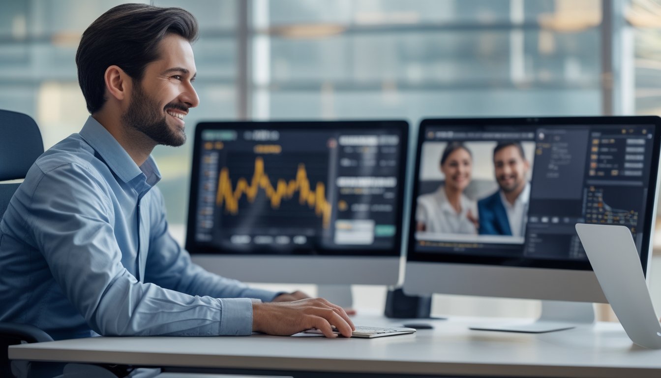 Seorang agen profesional sedang bekerja di kantor modern dengan beberapa layar komputer, berinteraksi dengan pelanggan melalui panggilan video.