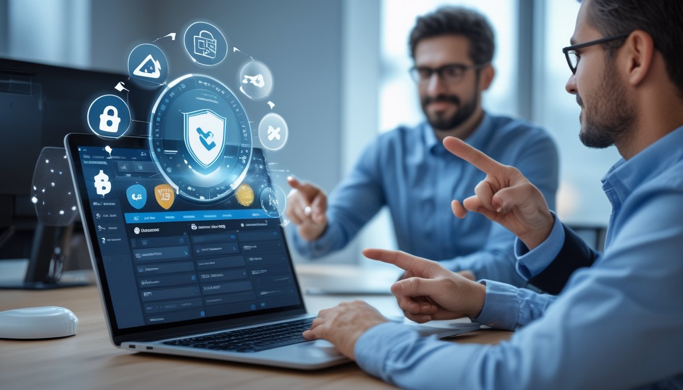 Orang-orang sedang berdiskusi di depan laptop yang menampilkan situs taruhan dengan ikon keamanan dan transparansi di sekitar layar.