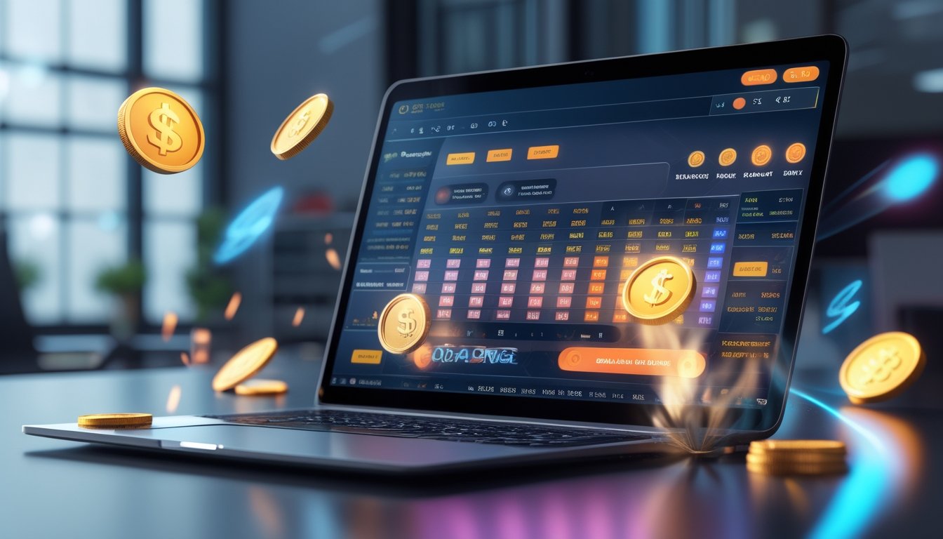 Sebuah laptop atau ponsel pintar menampilkan platform taruhan sabung ayam online dengan koin digital dan ikon bonus di sekitarnya.