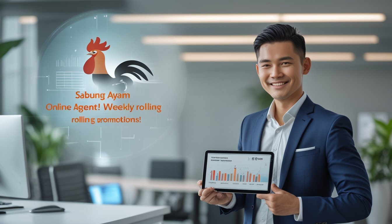 Seorang pria Asia Tenggara berdiri di kantor modern sambil memegang tablet yang menampilkan grafik pertumbuhan keuangan dengan latar belakang simbol ayam jago dan elemen abstrak yang menggambarkan bonus mingguan.
