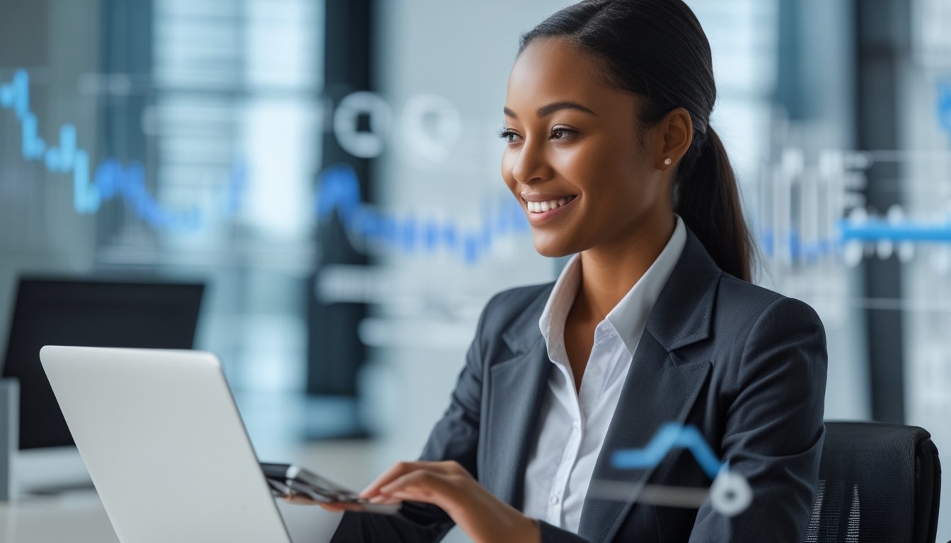 Seorang agen profesional sedang bekerja dengan laptop di kantor modern, tampak percaya diri dan ramah.