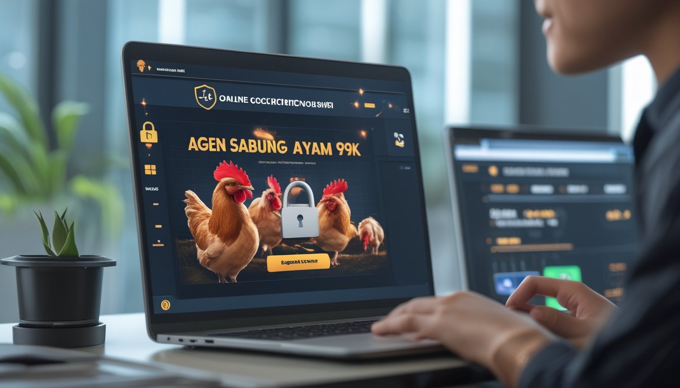 Seseorang menggunakan laptop di meja kerja yang rapi dengan tampilan situs taruhan sabung ayam yang aman dan resmi.