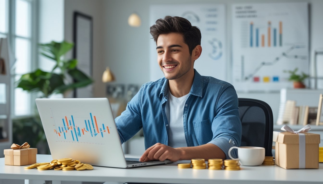 Seorang pria muda duduk di meja kantor modern menggunakan laptop dengan grafik keuangan di layar, dikelilingi oleh simbol bonus seperti koin emas dan kotak hadiah.