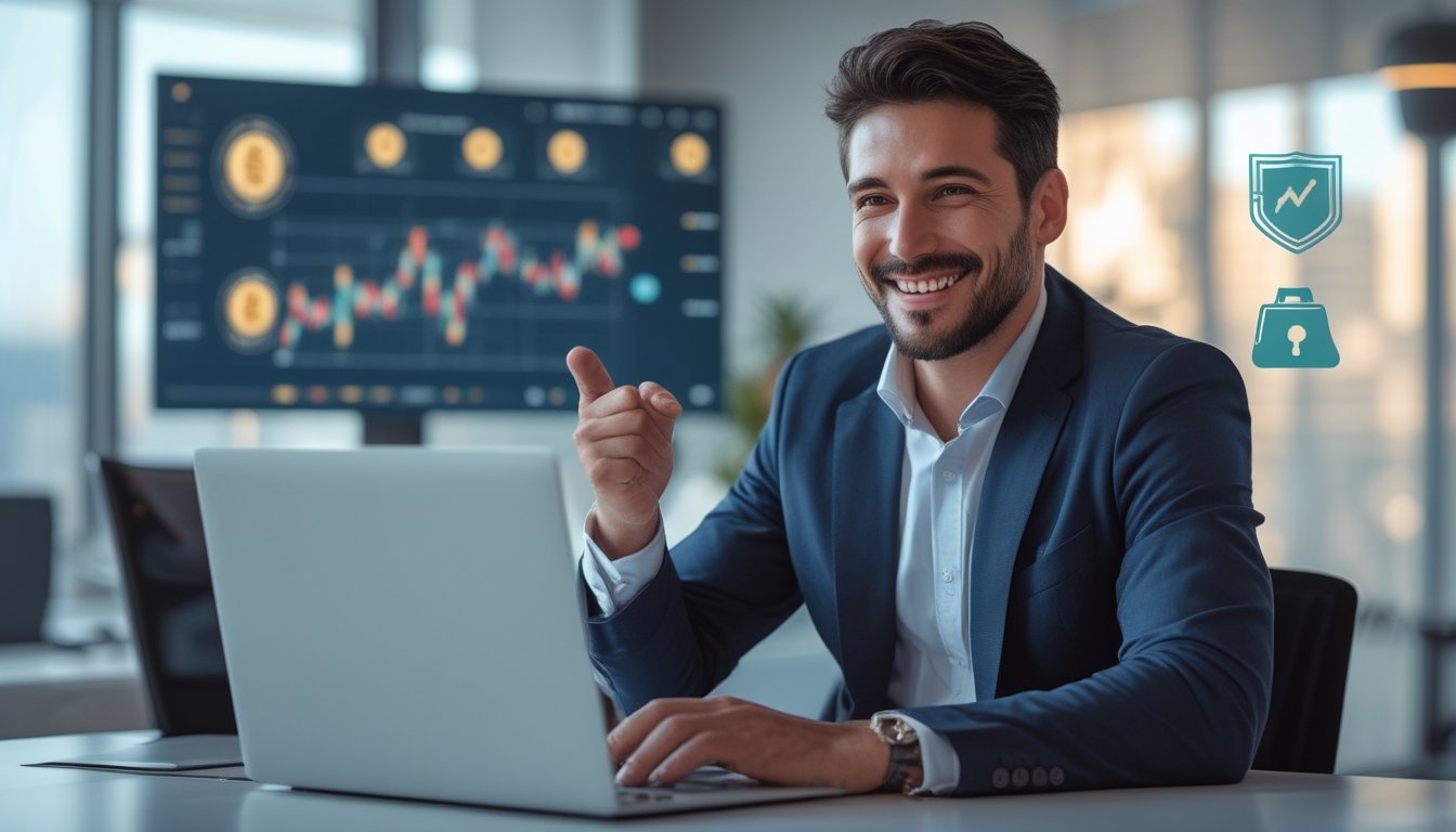 Seorang pria percaya diri duduk di meja kerja dengan laptop, menunjukkan suasana sukses dan profesional di kantor modern.