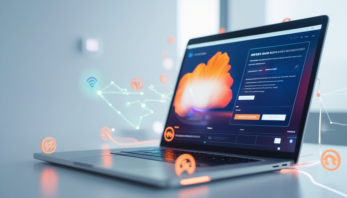 Meja kerja modern dengan laptop menampilkan antarmuka situs web, dikelilingi simbol koneksi internet dan aliran data.