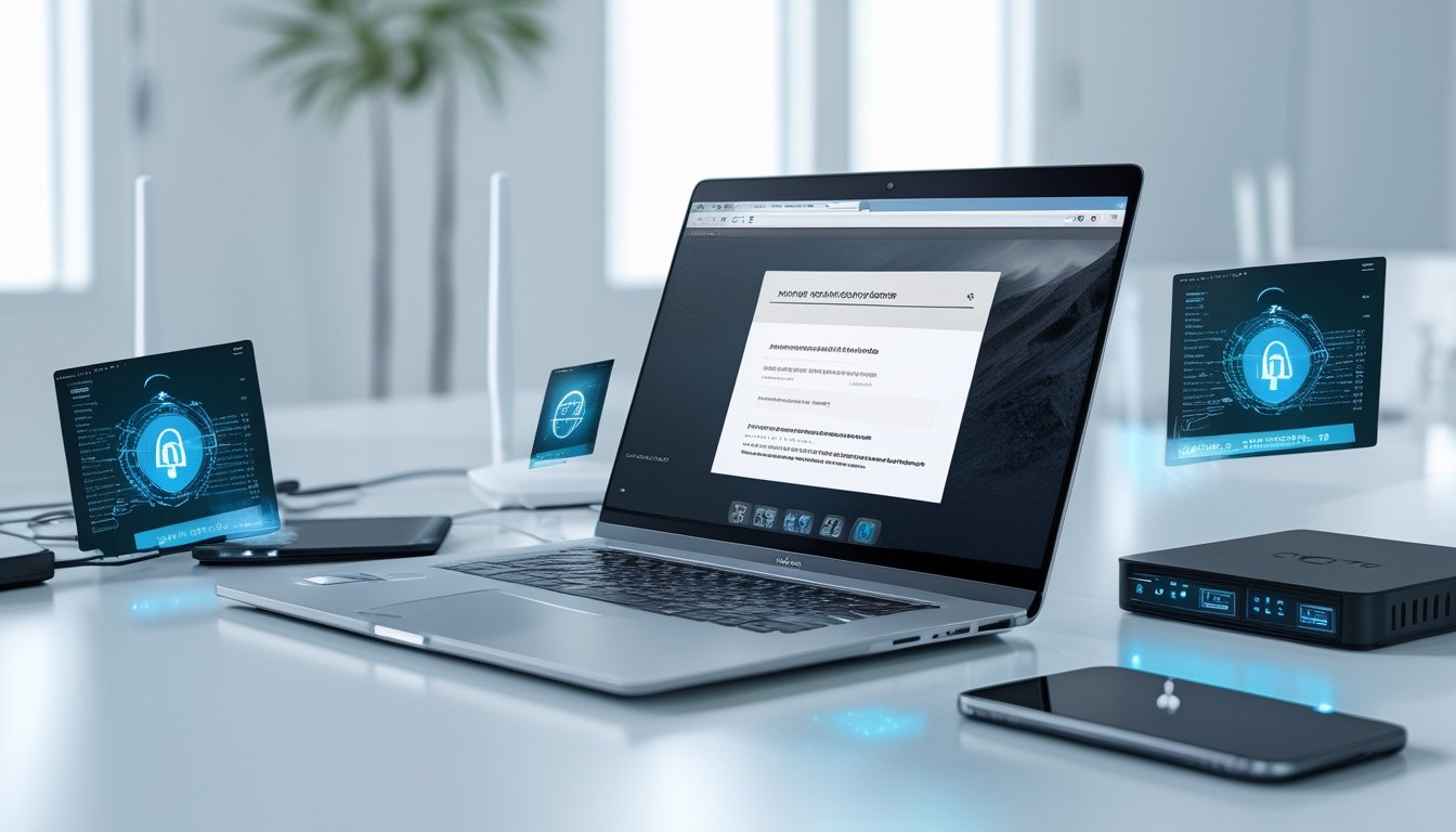 Meja kerja modern dengan laptop, ponsel, dan perangkat jaringan yang menunjukkan akses internet cepat dan aman.
