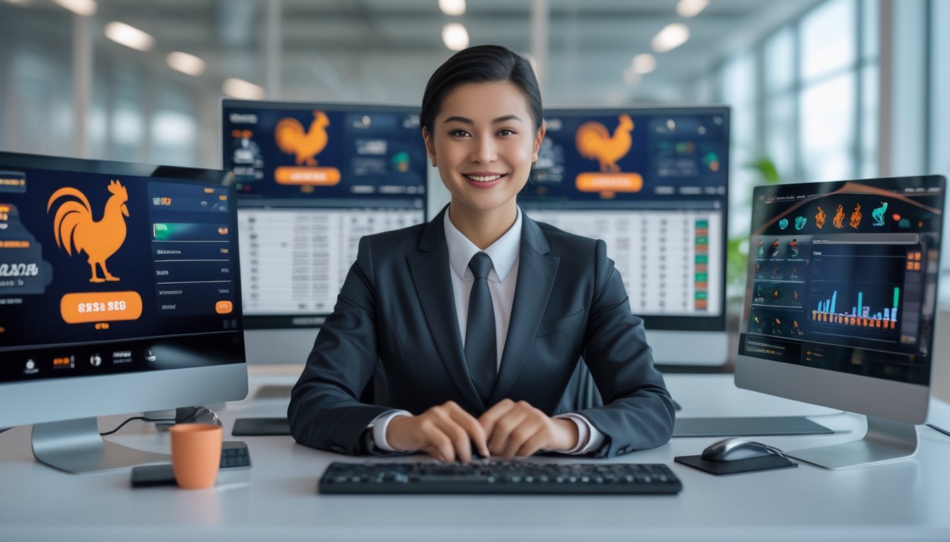 Seorang agen layanan pelanggan yang percaya diri duduk di meja kerja dengan beberapa layar komputer yang menampilkan grafik dan konfirmasi pembayaran dalam kantor modern.