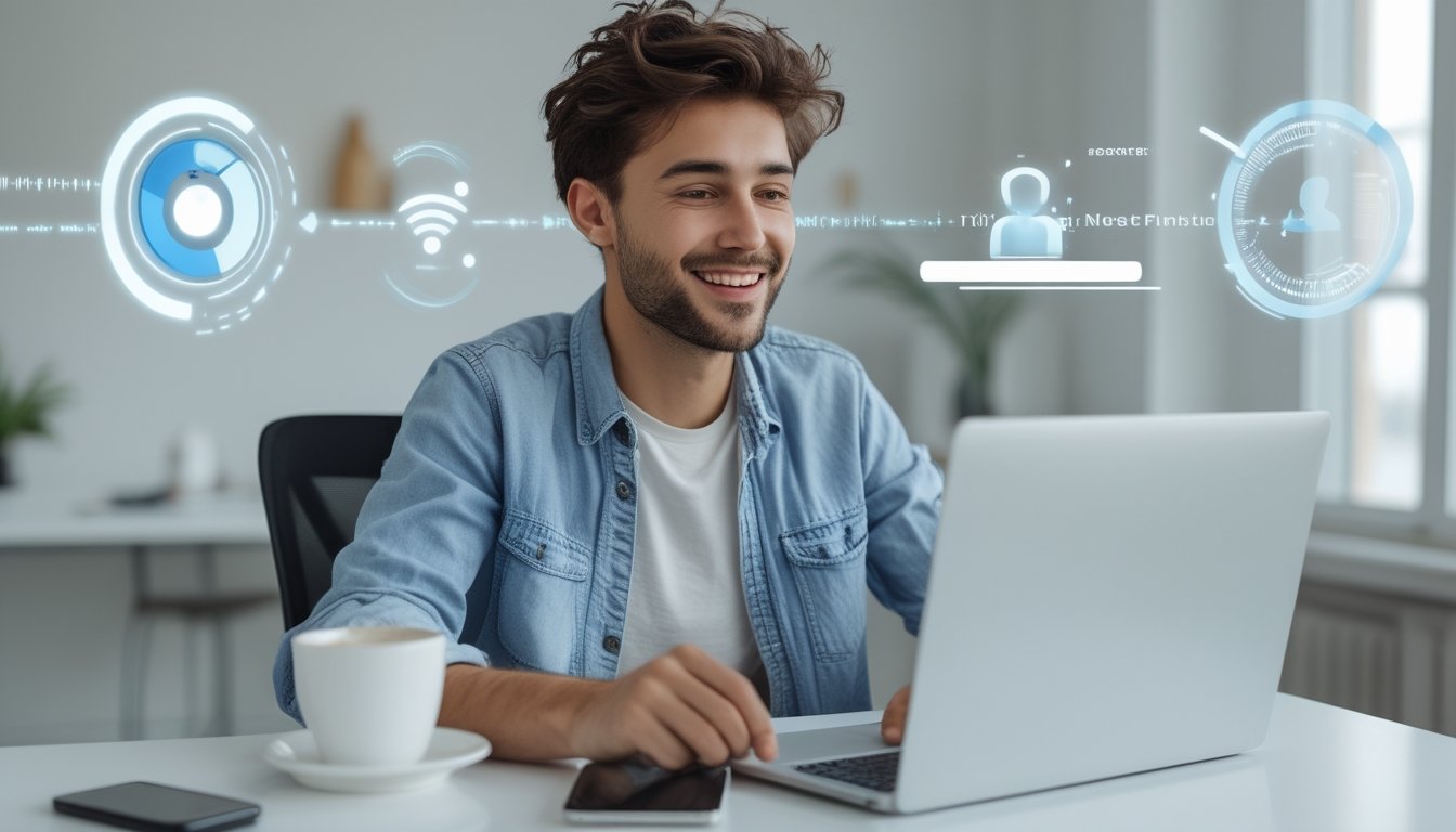 Seseorang sedang mendaftar akun baru di laptop di sebuah kantor modern dengan suasana cerah dan rapi.