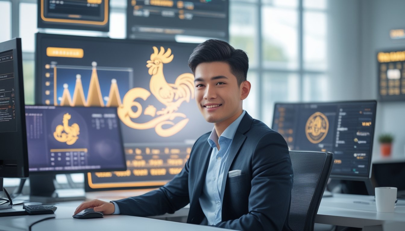 Seorang pria muda di kantor modern sedang bekerja dengan beberapa monitor komputer yang menampilkan grafik dan simbol ayam jago.