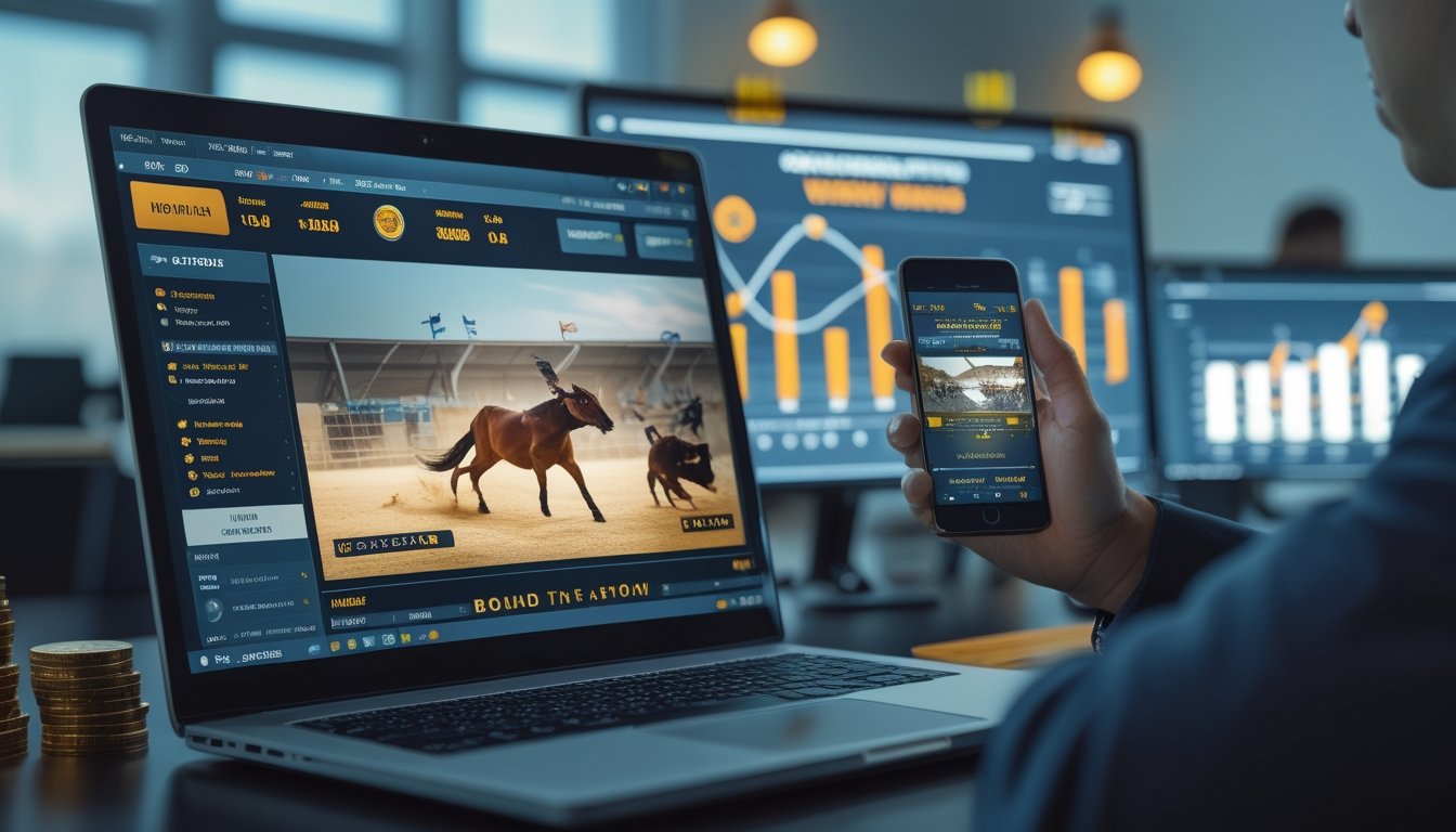 Seorang agen judi sabung ayam online sedang bekerja dengan laptop dan ponsel di kantor yang terang dan rapi.