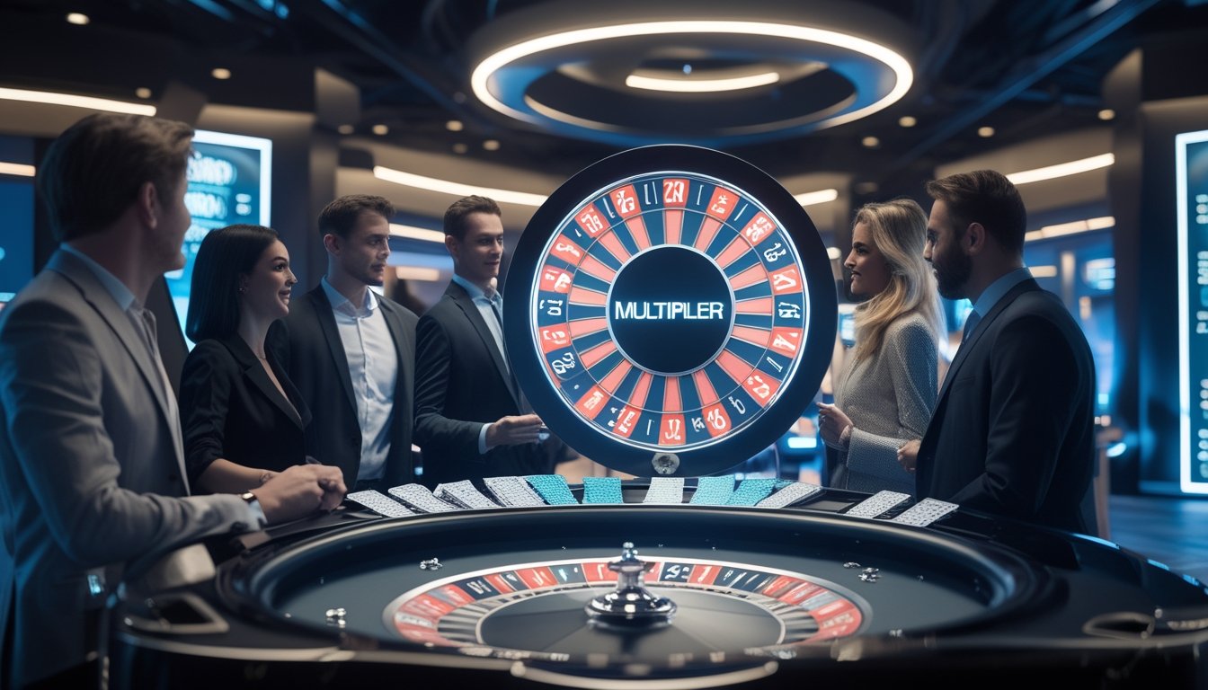 Orang-orang bermain roulette di kasino dengan roda roulette yang berkilauan dan efek petir di sekitarnya.